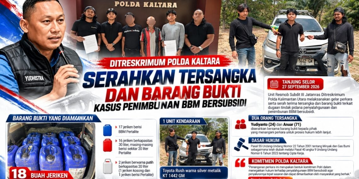 Unit Resmob Ditreskrimum Polda Kaltara Serahkan Tersangka dan Barang Bukti Kasus Penimbunan BBM Bersubsidi